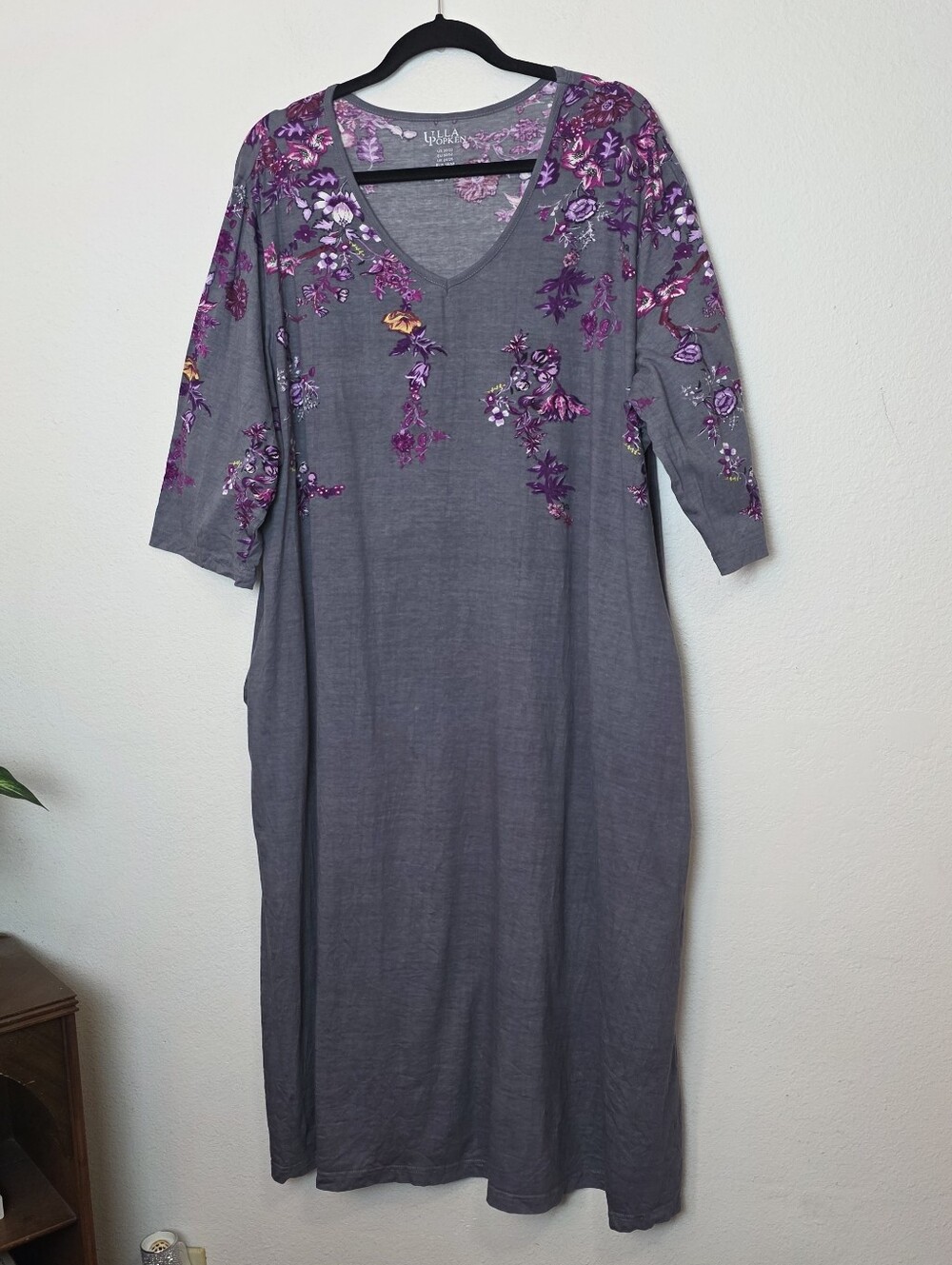 ULLA POPKEN Gray Cotton Purple Floral Maxi Dress Pockets Plus Size 20/22